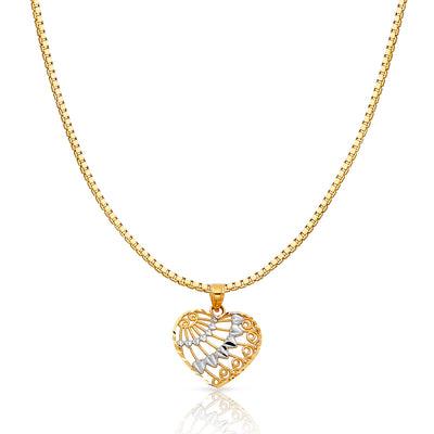 14K Gold Fancy Heart Charm Pendant with 1.2mm Box Chain Necklace
