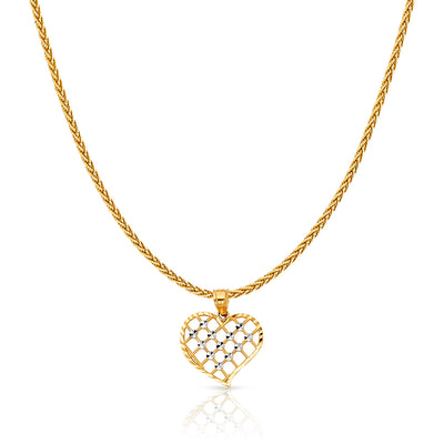 14K Gold Fancy Checkered Heart Charm Pendant with 1.1mm Wheat Chain Necklace