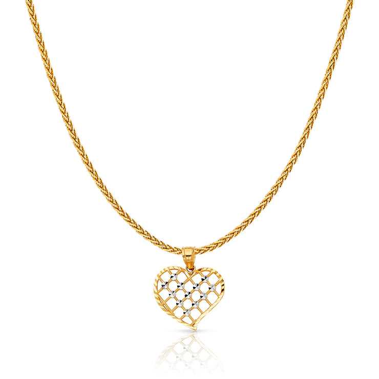 14K Gold Fancy Checkered Heart Charm Pendant with 1.1mm Wheat Chain Necklace