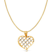 14K Gold Fancy Checkered Heart Charm Pendant with 0.8mm Box Chain Necklace