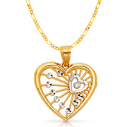 14K Gold Heart Pendant with 2mm Figaro 3+1 Chain