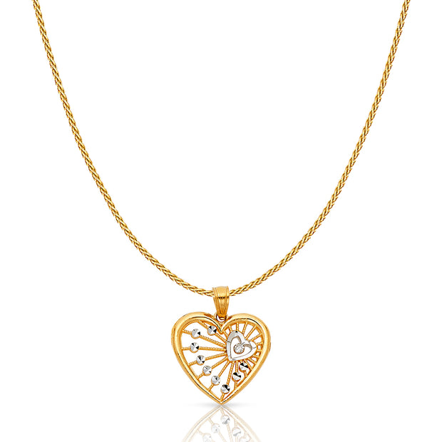 14K Gold Fancy Webbed Heart Charm Pendant with 0.9mm Wheat Chain Necklace