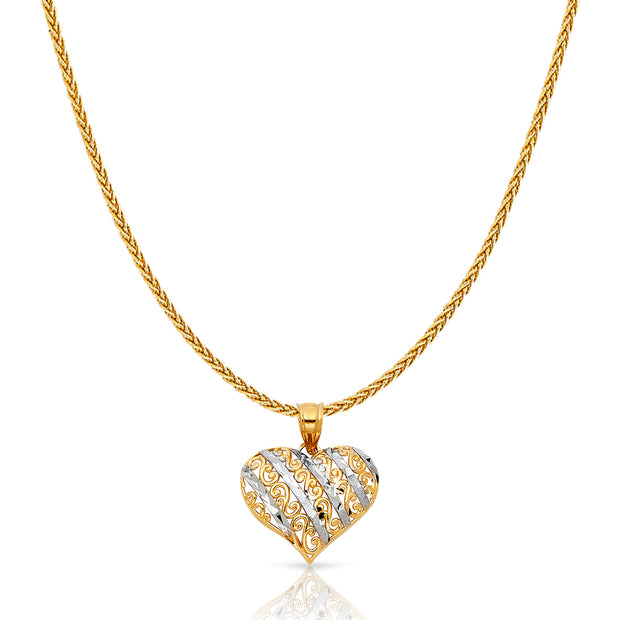 14K Gold Fancy Design Heart Charm Pendant with 1.1mm Wheat Chain Necklace