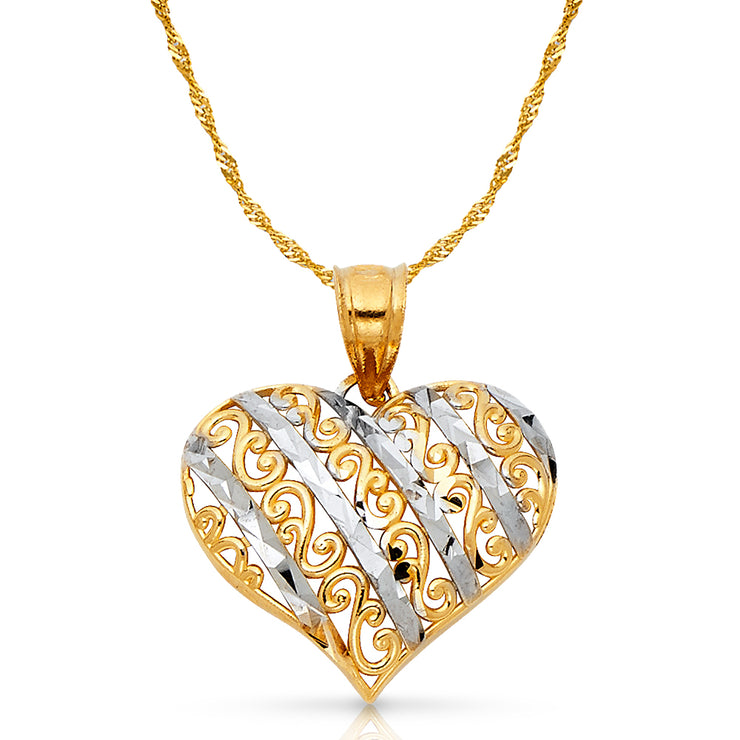 14K Gold Heart Pendant with 1.2mm Singapore Chain