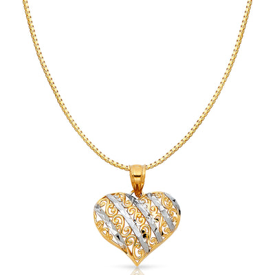 14K Gold Fancy Design Heart Charm Pendant with 0.8mm Box Chain Necklace