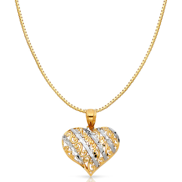 14K Gold Fancy Design Heart Charm Pendant with 0.8mm Box Chain Necklace