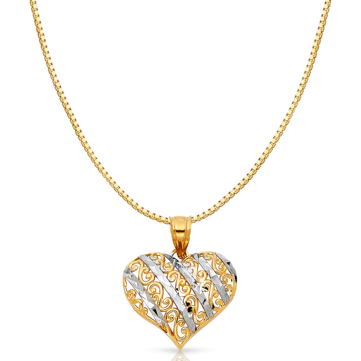 14K Gold Fancy Design Heart Charm Pendant with 0.8mm Box Chain Necklace