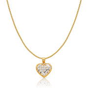 14K Gold Fancy Checkered Heart Charm Pendant with 0.9mm Wheat Chain Necklace