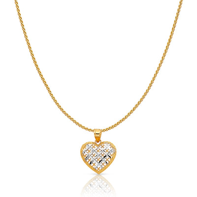 14K Gold Fancy Checkered Heart Charm Pendant with 0.9mm Wheat Chain Necklace