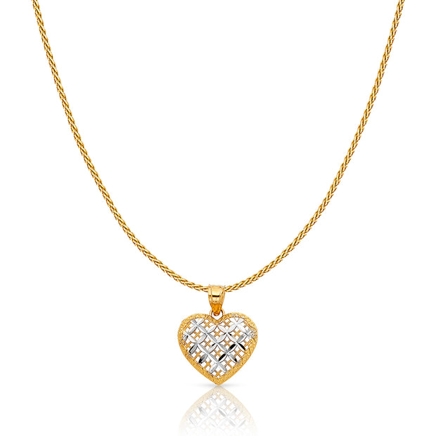 14K Gold Fancy Checkered Heart Charm Pendant with 0.9mm Wheat Chain Necklace
