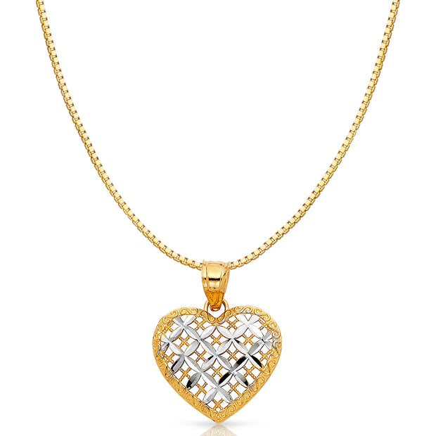 14K Gold Fancy Checkered Heart Charm Pendant with 0.8mm Box Chain Necklace