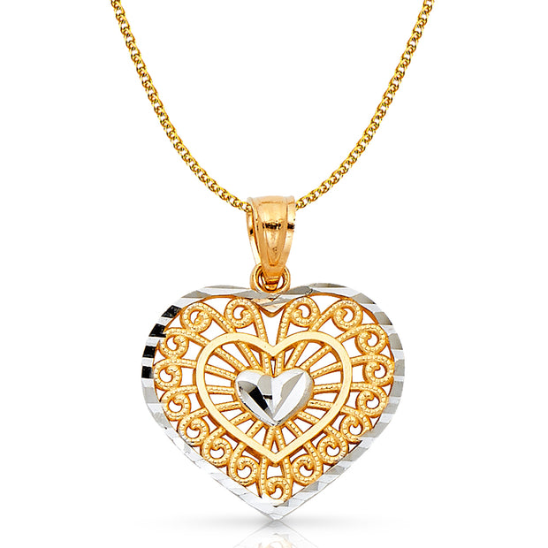 14K Gold Inside Heart Pendant with 1.5mm Flat Open Wheat Chain