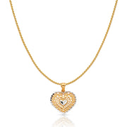 14K Gold Fancy Inside Heart Charm Pendant with 0.9mm Wheat Chain Necklace