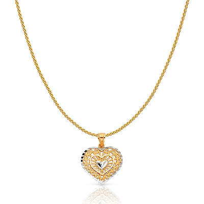 14K Gold Fancy Inside Heart Charm Pendant with 0.9mm Wheat Chain Necklace