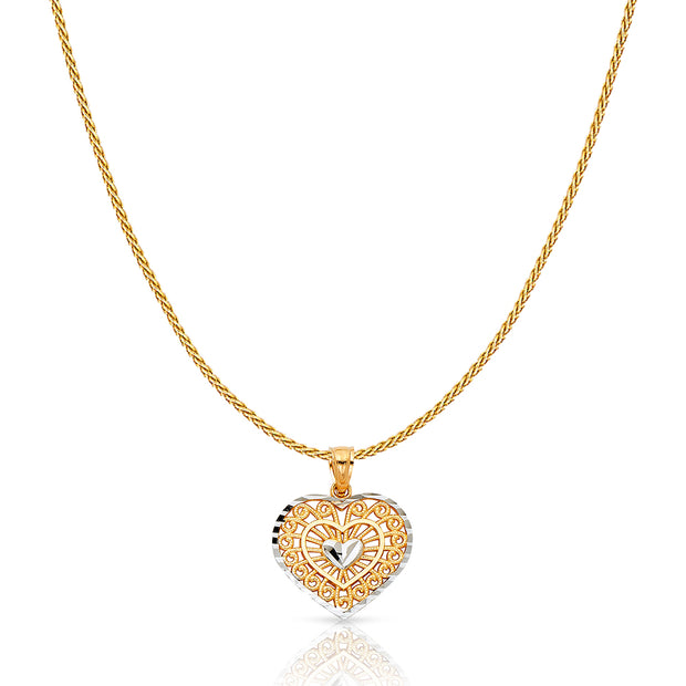 14K Gold Fancy Inside Heart Charm Pendant with 0.9mm Wheat Chain Necklace