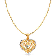 14K Gold Fancy Inside Heart Charm Pendant with 0.8mm Box Chain Necklace