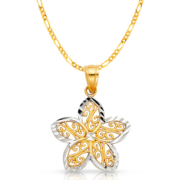 14K Gold Star Flower Pendant with 2mm Figaro 3+1 Chain