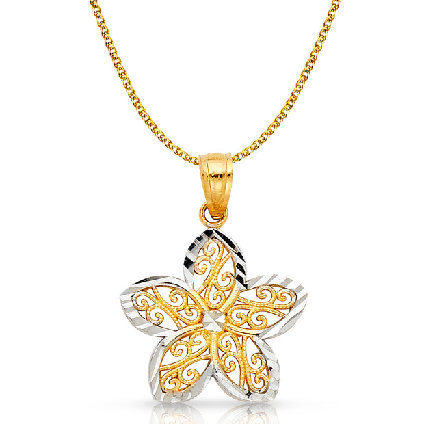 14K Gold Star Flower Pendant with 1.2mm Flat Open Wheat Chain