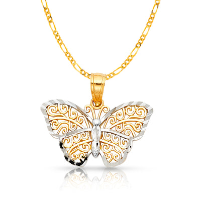 14K Gold Butterfly Pendant with 2mm Figaro 3+1 Chain