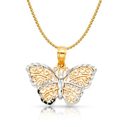 14K Gold Butterfly Pendant with 1.5mm Flat Open Wheat Chain