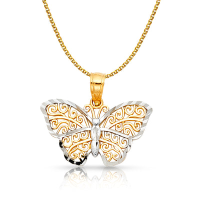 14K Gold Butterfly Pendant with 1.5mm Flat Open Wheat Chain