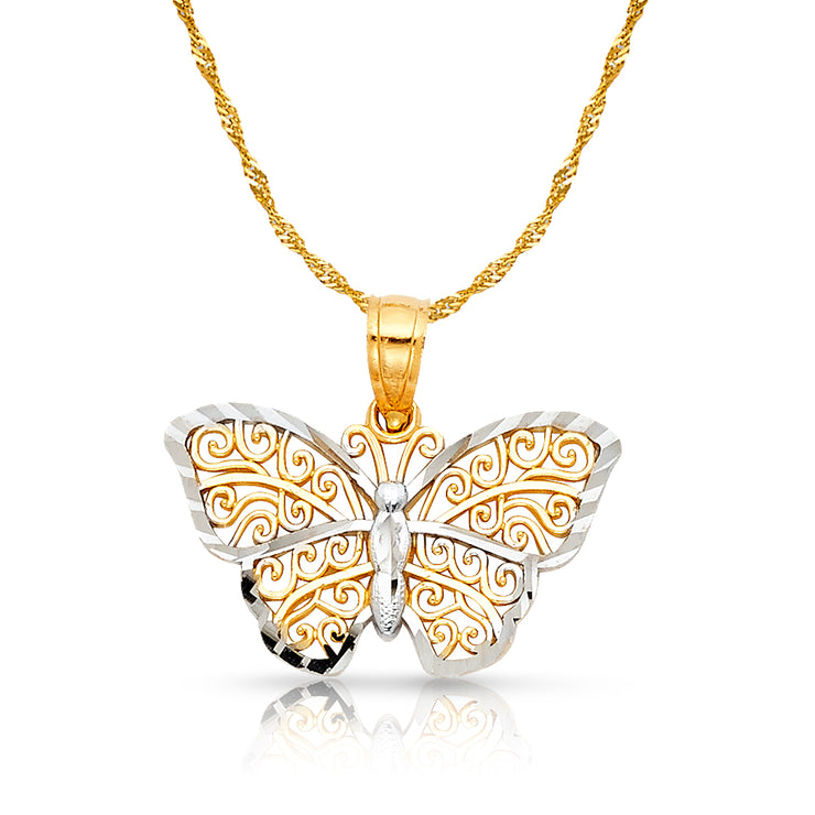 14K Gold Butterfly Pendant with 1.2mm Singapore Chain