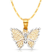 14K Gold Butterfly Pendant with 1.6mm Figaro 3+1 Chain