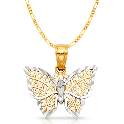 14K Gold Butterfly Pendant with 1.6mm Figaro 3+1 Chain