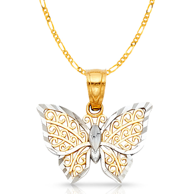 14K Gold Butterfly Pendant with 1.6mm Figaro 3+1 Chain