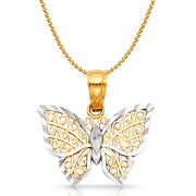 14K Gold Butterfly Pendant with 1.2mm Flat Open Wheat Chain