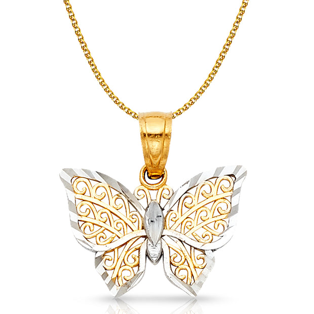14K Gold Butterfly Pendant with 1.2mm Flat Open Wheat Chain