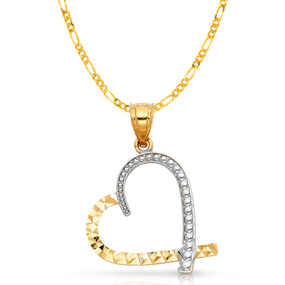14K Gold Heart Pendant with 2.3mm Figaro 3+1 Chain