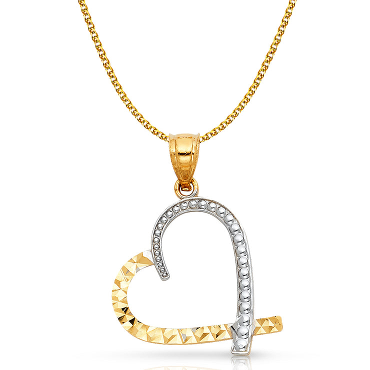 14K Gold Heart Pendant with 1.5mm Flat Open Wheat Chain