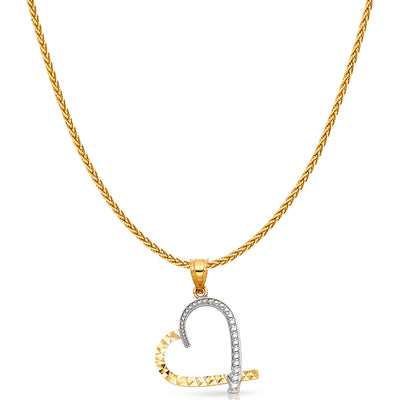 14K Gold Slanted Heart Charm Pendant with 1.1mm Wheat Chain Necklace