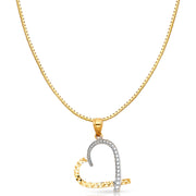 14K Gold Slanted Heart Charm Pendant with 0.8mm Box Chain Necklace