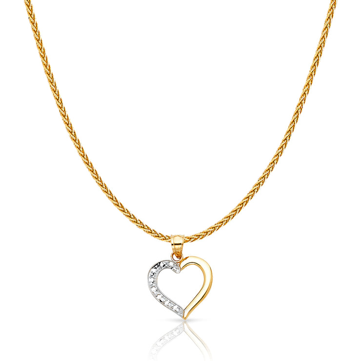 14K Gold Heart Charm Pendant with 1.1mm Wheat Chain Necklace