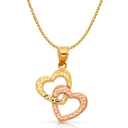 14K Gold Hanging Heart Pendant with 1.5mm Flat Open Wheat Chain