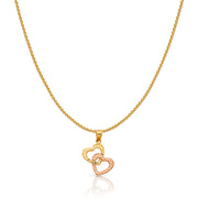 14K Gold Double Hanging Heart Charm Pendant with 0.9mm Wheat Chain Necklace