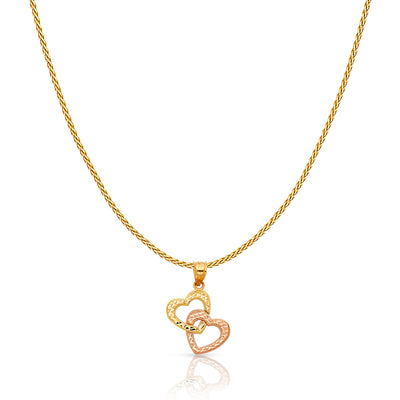 14K Gold Double Hanging Heart Charm Pendant with 0.9mm Wheat Chain Necklace