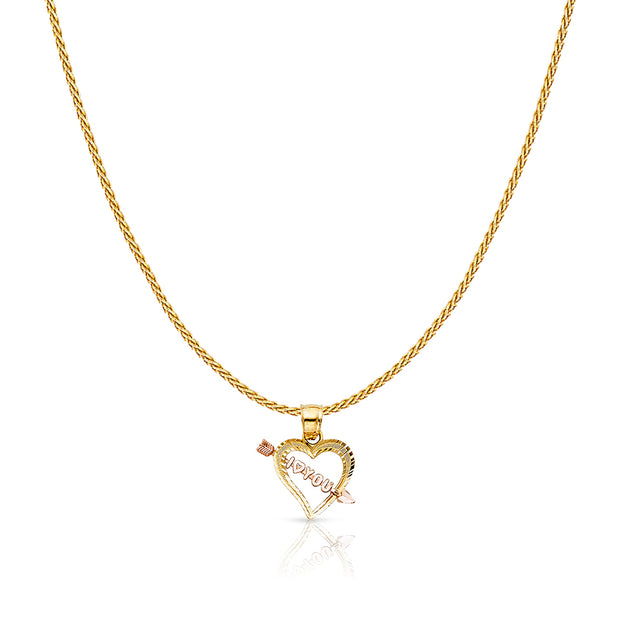 14K Gold 'I Love You' Heart With Cupid Arrow Charm Pendant with 0.9mm Wheat Chain Necklace