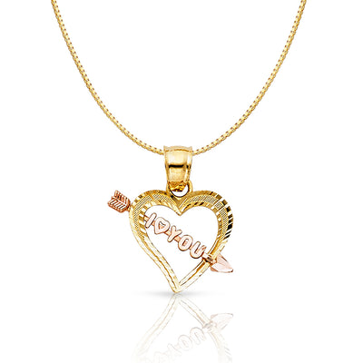 14K Gold 'I Love You' Heart With Cupid Arrow Charm Pendant with 0.8mm Box Chain Necklace