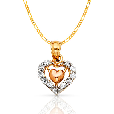 14K Gold CZ Heart Charm Pendant with 1.6mm Figaro 3+1 Chain Necklace