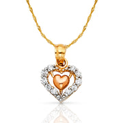 14K Gold CZ Heart Charm Pendant with 0.9mm Singapore Chain Necklace