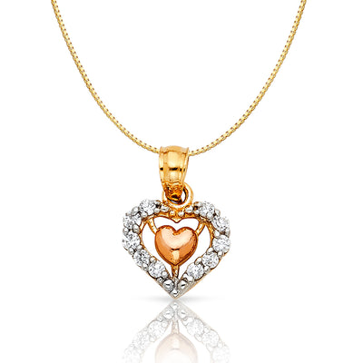 14K Gold CZ Fancy Inside Heart Charm Pendant with 0.8mm Box Chain Necklace