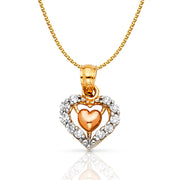 14K Gold CZ Heart Charm Pendant with 1.2mm Flat Open Wheat Chain Necklace