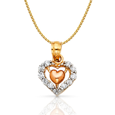 14K Gold CZ Heart Charm Pendant with 1.2mm Flat Open Wheat Chain Necklace
