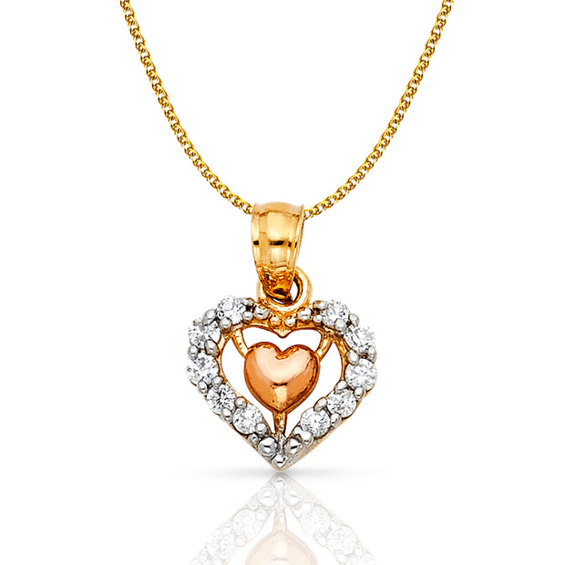 14K Gold CZ Heart Charm Pendant with 1.2mm Flat Open Wheat Chain Necklace