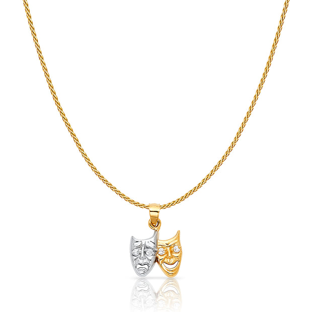 14K Gold Two Face Happy and Sad Charm Pendant with 0.9mm Wheat Chain Necklace