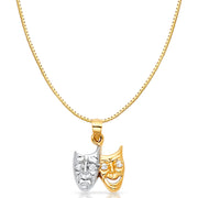 14K Gold Two Face Happy and Sad Charm Pendant with 0.8mm Box Chain Necklace