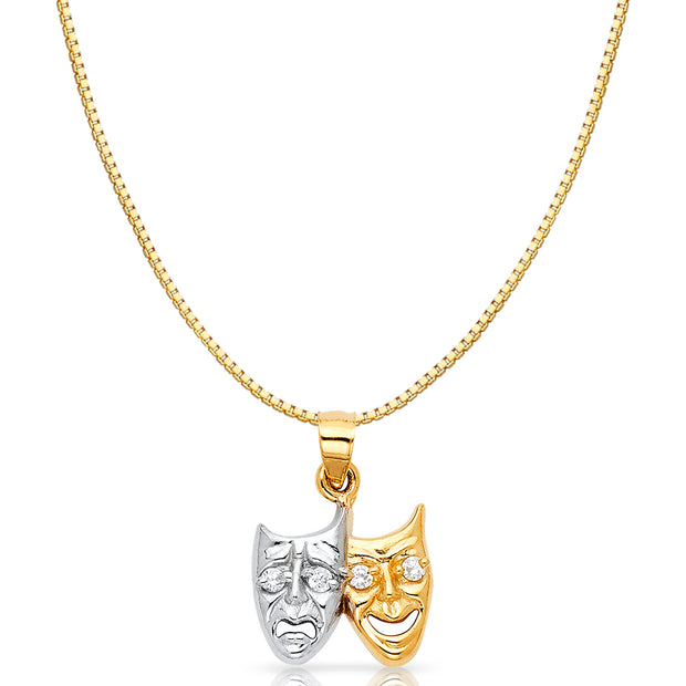 14K Gold Two Face Happy and Sad Charm Pendant with 0.8mm Box Chain Necklace